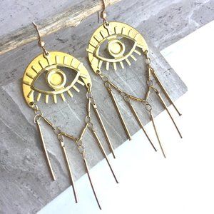 Evil Eye Long Brass Fringe Earrings — Gold